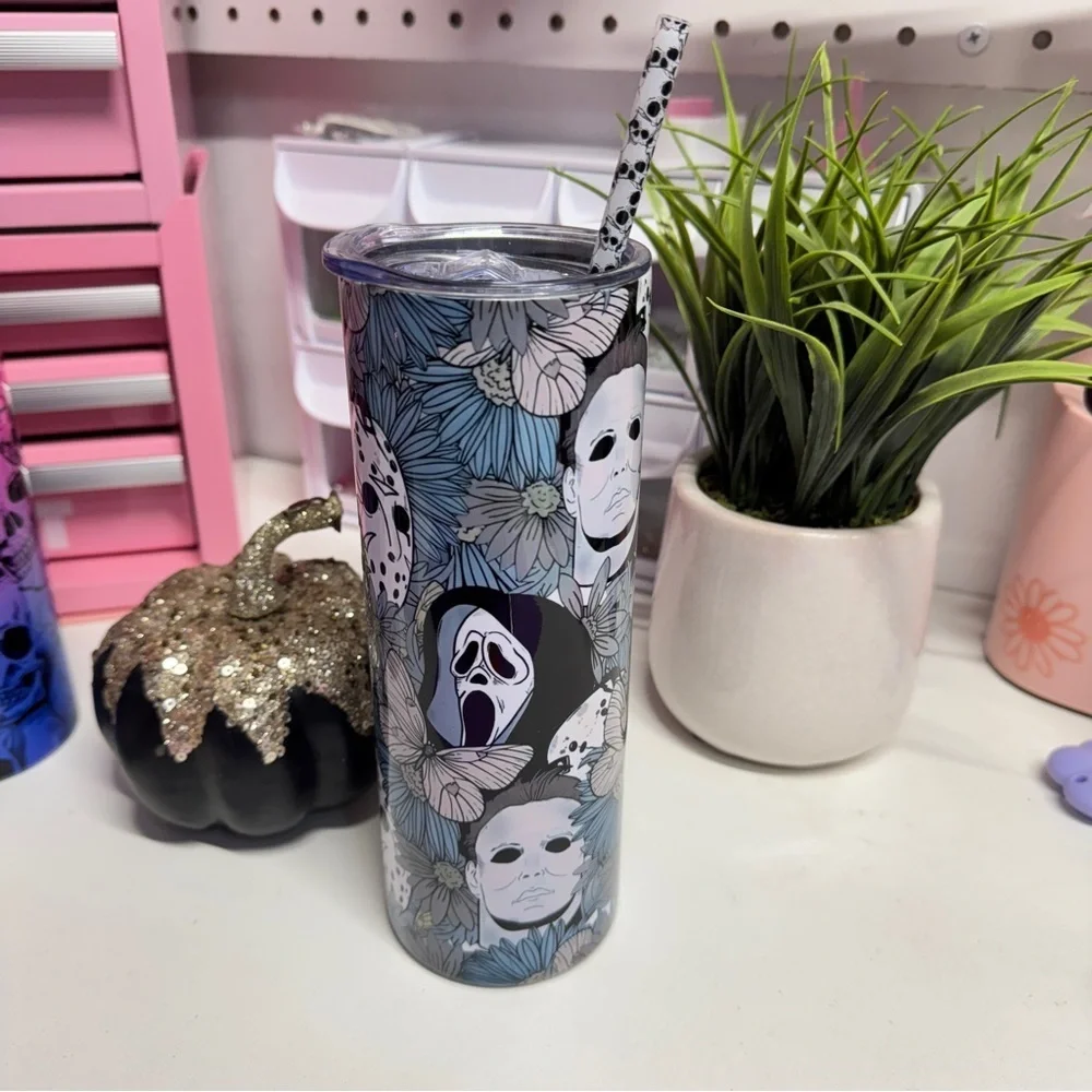 Floral Horror Tumbler with Skull Straw Spooky Halloween Fall Faces 20oz